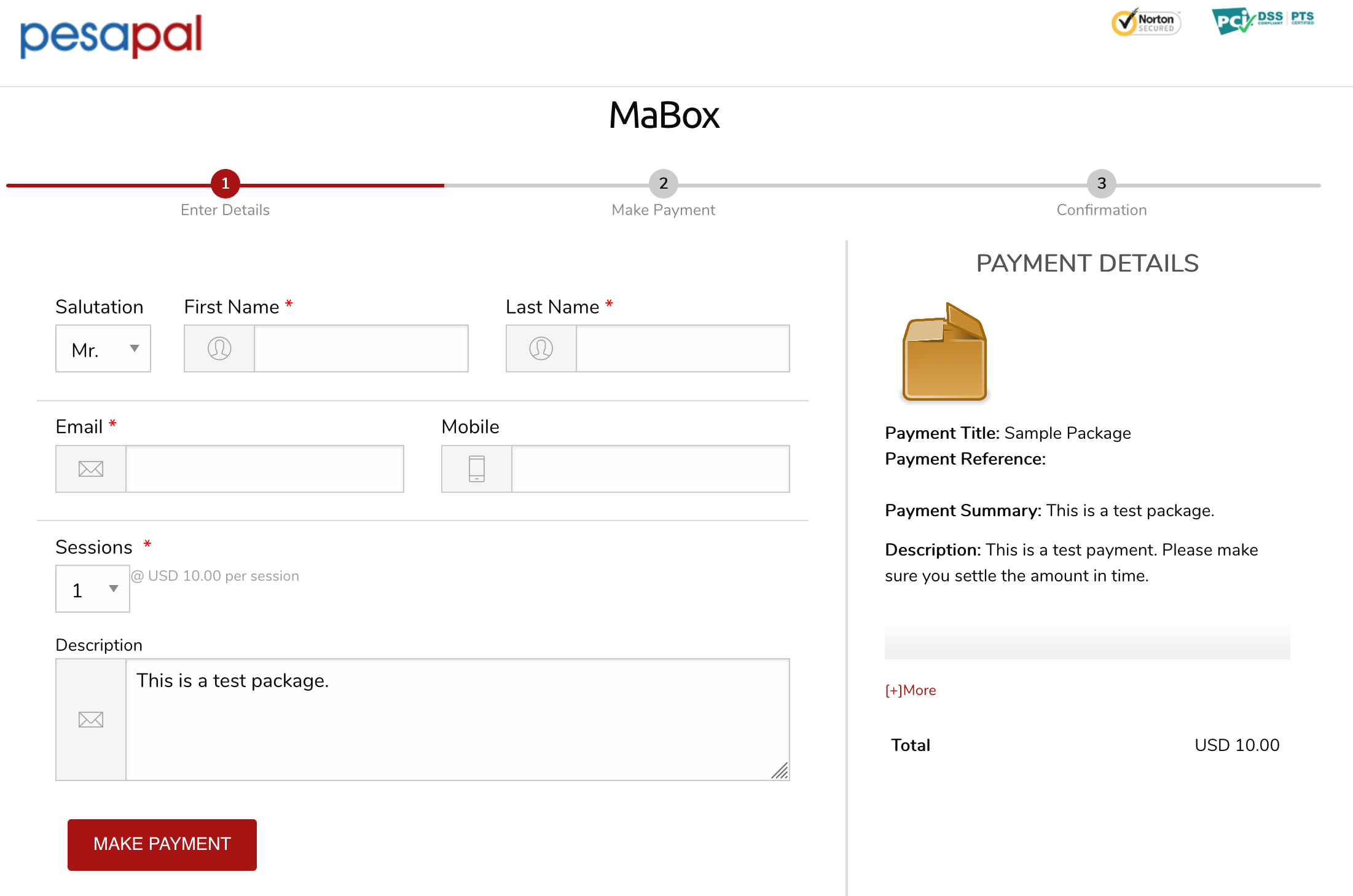A Package Payments Page -Pesapal Payments Page