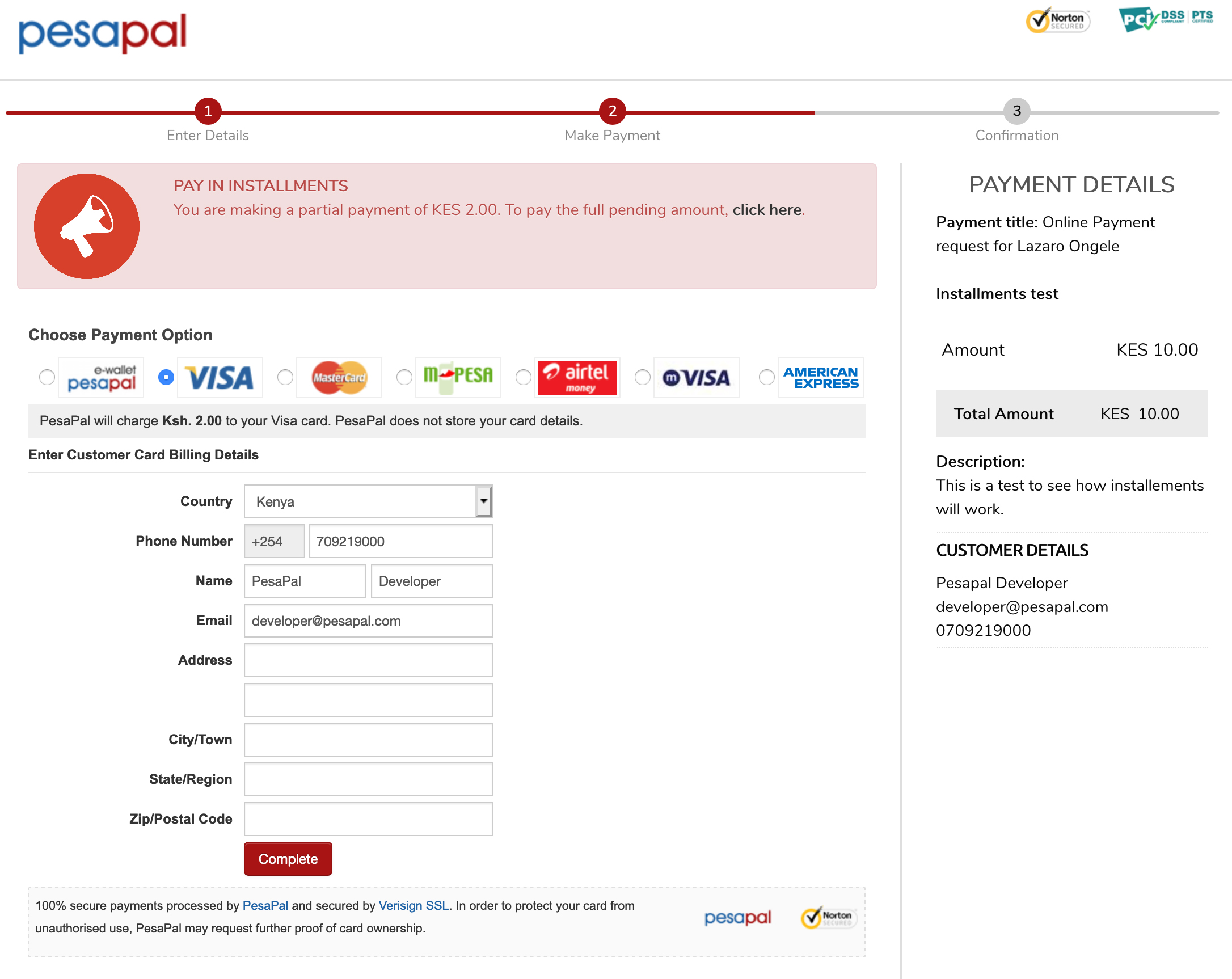 Invoice-With-Installments- Pesapal Payments Page